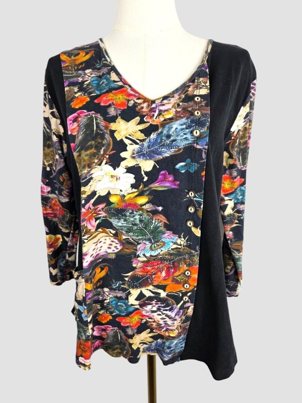 Parsley & Sage Knit Floral Tunic Top Petite Large VNeck Asymmetric Button Accent